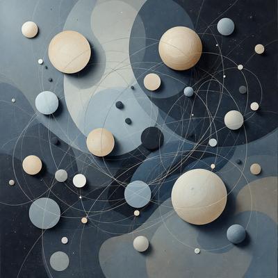 The primary subject of the image is a collection of variously sized, round, and possibly wooden balls. These balls are arranged in a visually appealing manner, creating a sense of harmony and balance. The setting is a dark background, which contrasts with the bright colors of the balls, adding depth and interest to the composition. The visual style of the image is a combination of digital art and illustration, with the balls appearing to be both three-dimensional and two-dimensional at the same time. The colors and mood of